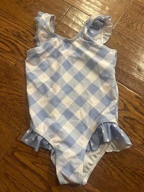 Girls' Light Blue & White Gingham One-Piece Swimsuit with Ruffle Details